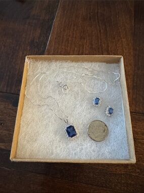 Sterling Silver Necklace and Stud Earring Set with Blue Gemstone